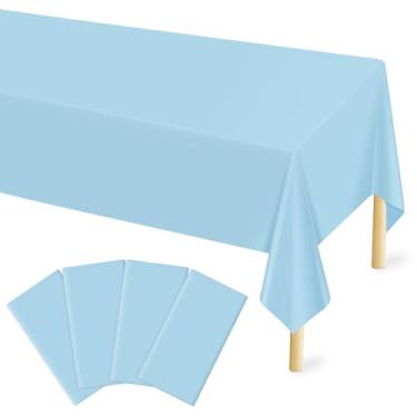Imagem de Mulbozy Toalha de mesa de plástico descartável, pacote com 4, toalhas de mesa azul claro 137 x 272 cm para mesas retangulares, capa de plástico azul bebê para piquenique, acampamento e atividades ao