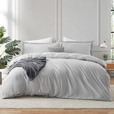 Imagem de Hearth & Harbor Capa de edredom cinza claro com lençol queen size - Conjunto de cama macio de 4 peças, inclui 1 capa de edredom com fecho de botão, 1 lençol com elástico, 2 fronhas