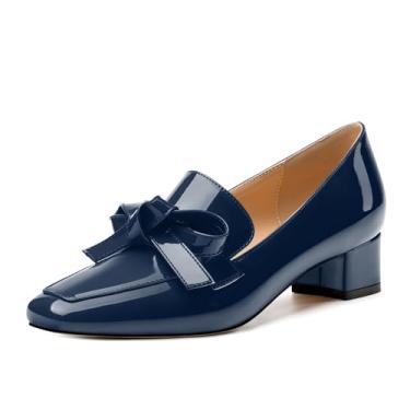Imagem de CCYINJGIN Mocassim feminino com salto, salto grosso confortável para mulheres, sapatos mocassins com laço, Patente azul marinho, 37