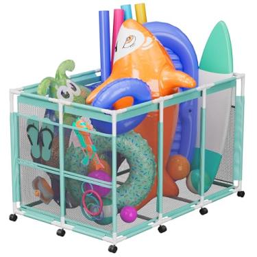 Imagem de POOLHOUR Armazenamento De Flutuadores Piscina – Organizador Brinquedos Ao Ar Livre Para Macarrão Piscina, Brinquedos, Flutuadores, Bolas E Equipamentos, Caixa Organizadora Com Rodinhas Malha, Ciano