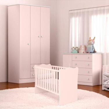 Imagem de Conjunto Infantil Doce Sonho Rosa Acetinado: Berço Doce Sonho Kit Rodízios Cômoda Doce Sonho Guarda-roupa Doce Sonho