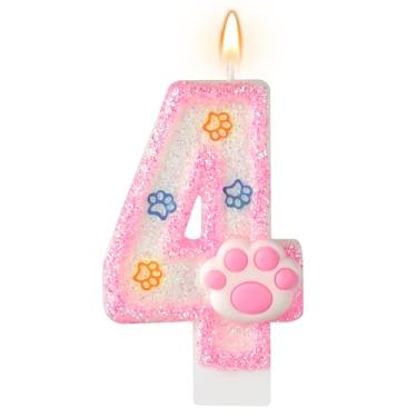 Imagem de AKURIEEY Vela de aniversário de 4 anos para cães e gatos, números rosa, 4 velas, enfeite de bolo de pata, decorações de cupcake para decoração de festa com tema de animais de estimação, artigos de