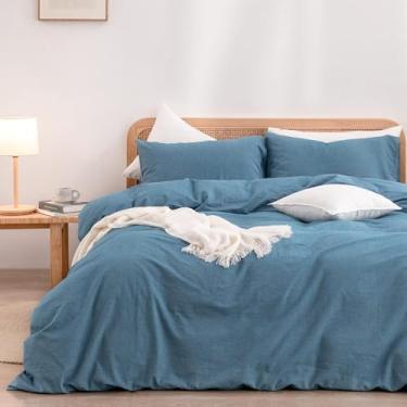 Imagem de BESTOUCH Conjunto de capa de edredom 100% algodão lavado e linho, super macio, confortável, chique, leve, 3 peças, conjunto de cama de casa sólido azul escuro extragrande casal