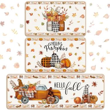 Imagem de Drydiet Conjunto de 3 tapetes e tapetes de cozinha de outono, Hello Fall Farmhouse, capacho antiderrapante, Dia de Ação de Graças, abóbora, folha de bordo, tapetes para colheita, cozinha