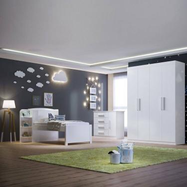 Imagem de Quarto Infantil Completo com Guarda-Roupa Cama 100% MDF e Cômoda Angel Branco