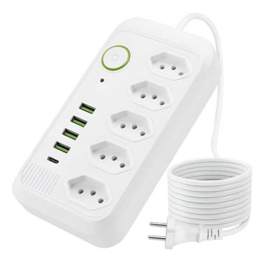 Imagem de Filtro de Linha com 5 Tomadas, 4 USB + 1 Tipo C, 2500W, Bivolt, Cabo 2m, Branco