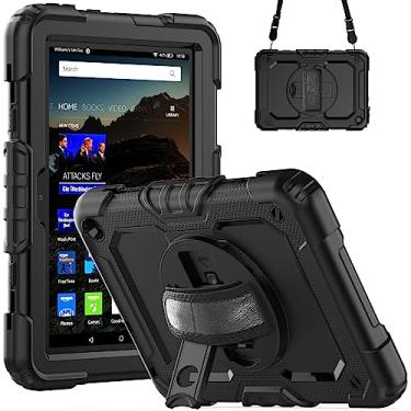 Imagem de QYiiD Capa para Fire HD 8 Plus com protetor de tela, capa à prova de choque com alça de mão giratória 360, cinto de ombro para Fire HD 8 e Fire HD 8 Plus (12ª/10ª geração, 2022/2020), preto/preto