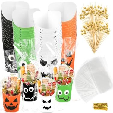 Imagem de CIXICM 50 conjuntos de copos de charcutaria descartáveis de 400 ml com palitos e sacos, caixas de lanche de papel kraft marrom para aperitivos, porta-batatas fritas, espetos de coquetel, palitos de