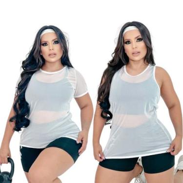 Imagem de Kit 2 Blusas Esportivas Femininas Tule Transparente Branca Academia Fi
