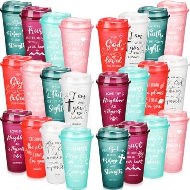 Imagem de Tioncy Copos de plástico reutilizáveis para mulheres e homens, versículo bíblico, copos de plástico com tampas, 473 ml, copos de café religiosos inspiradores, presentes cristãos para igreja (24 peças