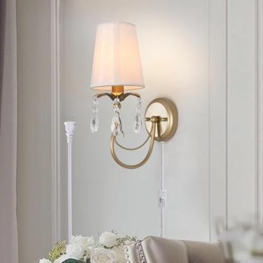 Imagem de Sedelan Apliques De Parede Plug-In, Arandela De Parede Vintage Interna, Luminária De Parede Plug-In De Cristal Com Abajur De Tecido Com Interruptor, Iluminação De Arandela Para Quarto, Sala De Estar