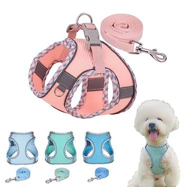 Imagem de Peitoral para cães de tamanho pequeno, sem puxão, conjunto de trela, arnês refletivo de malha respirável para caminhadas ao ar livre para cães de raças pequenas, médias, gatos, rosa, xadrez PP