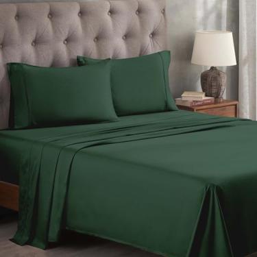 Imagem de Superior Jogo de lençol de cama de algodão egípcio 400 fios, 1 lençol elástico com bolso profundo, 1 lençol de cima, 1 fronha, roupa de cama macia, lençóis de luxo, tecido acetinado, solteiro, verde