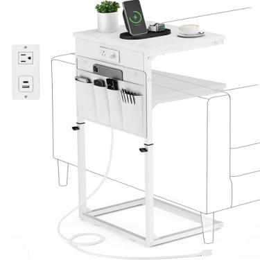 Imagem de Vagusicc Mesa de canto em forma de C com estação de carregamento, mesa lateral de altura ajustável para sofá, mesa de sofá, mesas laterais para sofá, bandeja de TV, braço, mesas C para sala de estar