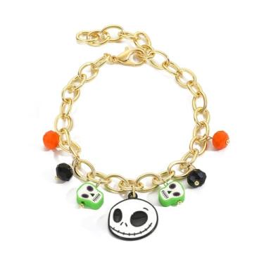 Imagem de NKTDWO Pulseira de Halloween assustadora divertida para mulheres - Bracelete de pingente laranja preto de abóbora fantasma com pingentes de caveira,, Adjustable, Zinco, Sem Pedra Preciosa