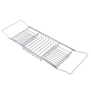 Imagem de Cffuvros Bandeja de Banheira de Aço Inoxidável de Luxo, Bandeja de Banheira Anti Deslizamento Ajustável, Mesa de Banheira Decorativa com Porta de Xícara de Vinho, Estante e Área de (Prata)