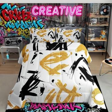Imagem de Conjunto de edredom infantil de grafite da cidade, tamanho Queen, hippie, arte abstrata, decoração de quarto de meninas e meninos, edredom minimalista hip hop, conjunto de edredom branco, preto e