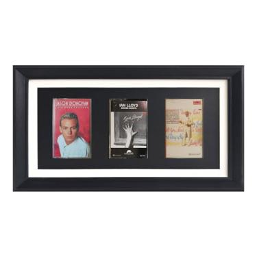 Imagem de Moldura de fita cassete, 3 fitas cassete e moldura de exibição de caixa, moldura de madeira maciça e painéis de vidro de aço de alta definição. Com forro de espuma EVA e preto, decoração de música