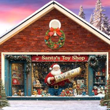 Imagem de Decoração de porta de garagem de Natal 2,1 x 4,9 m poliéster Papai Noel loja de brinquedos faixa de porta de garagem para férias em família, ano novo, festa de inverno, férias, decoração de parede ao