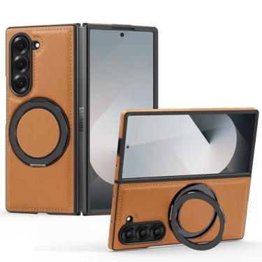 Imagem de Capa de couro magnética para Samsung Galaxy Z Fold 6, [compatível com MagSafe] Capa protetora fina para celular com suporte ajustável com rotação de 360° à prova de choque (marrom)