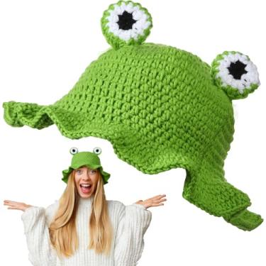 Imagem de Yearntown Gorro feito à mão de crochê, sapo de morango, galinha, gorro feito à mão, cosplay, fantasias para mulheres adultas, Preto, verde e branco, Tamanho Único