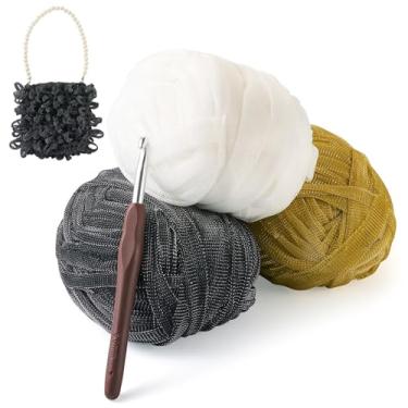 Imagem de KISSITTY Camiseta brilhante com 1 peça, fio de tricô, tecido de tricô, fios de poliéster, fio de camiseta colorida com 1 peça de ganchos de crochê para projetos de crochê, faça você mesmo, bolsa de