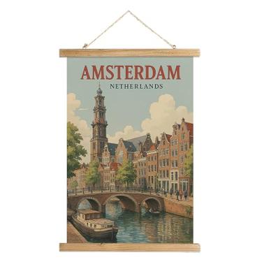 Imagem de WREVERW Pôster vintage de arte de parede de Amsterdã Holanda, Canal Houses Cityscape Canvas Hanging Scroll com moldura de madeira, decoração de viagem para sala de estar, quarto, escritório, 40 x 58