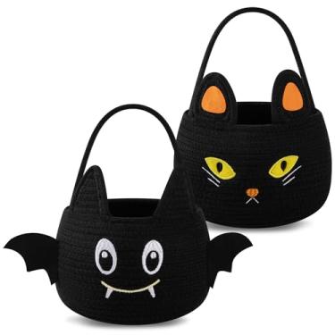 Imagem de OIAHOMY Pacote com 2 cestas de abóbora para crianças, cesta de doces de corda tecida, decorações de Halloween, cestas de presente para meninas/meninos vazias, gato preto e morcego preto