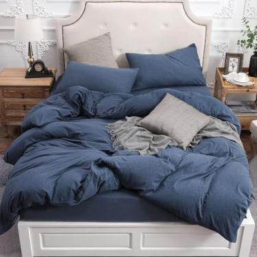 Imagem de PURE ERA Conjunto de capa de edredom de malha jersey 100% algodão super macio confortável conjunto de cama 3 peças com fecho de zíper (azul marinho mesclado, tamanho king grande)
