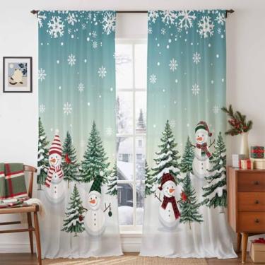 Imagem de Cortinas transparentes de Natal com 203 cm de comprimento, conjunto de 2 painéis, verde-azulado, floresta, semitransparentes, voile, bolso para varão, para sala de estar, sala de jantar, quarto