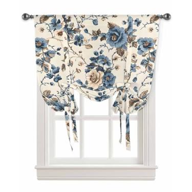 Imagem de Cortinas retrô azuis florais amarradas com isolamento térmico, blecaute, janela, ajustável, balão, persiana para quarto, banheiro, janelas pequenas, flores desabrochando em aquarela, vintage, 132 cm L
