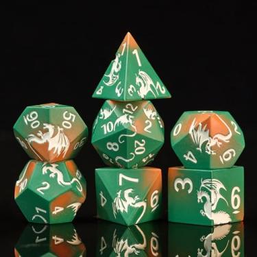 Imagem de HNCCESG Metal Dice Sets, 7 Piece Dragon Dice Set with Gift Box, D20 D4 D12 D10 D% D8 D6 Dragon Theme Style Role Playing Games for TTPRG DND Gifts (Green Orange Sliver Dragon)