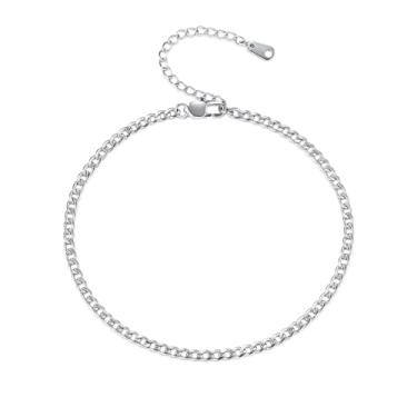 Imagem de INBLUE Tornozeleiras de aço inoxidável para mulheres, ouro, prata, ouro rosa, contas, fígaro/cubano, corrente de elos no tornozelo, ajustável, joia à prova d'água para praia, 3 mm, Aço inoxidável, Sem