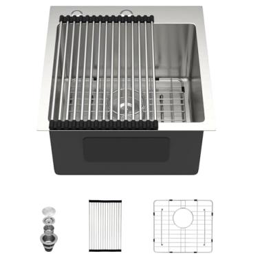 Imagem de Dcolora Pia de cozinha embutida 43 x 45 x 23 cm, aço inoxidável 304 escovado, torneira 16 resistente, tigela única pequena perfeita para cozinha pequena, bar, ilha de cozinha #DC-T258003