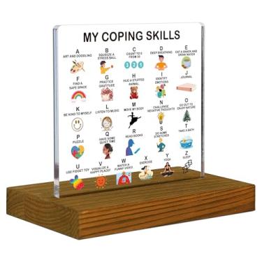 Imagem de My Coping Skills Placa do alfabeto, exercícios de aterramento para crianças, placa acrílica para decoração de mesa com suporte de madeira - FSA076