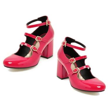 Imagem de MOOMMO Mary Janes Salto Alto Grosso Feminino Bico Redondo Fechado Couro Patenteado Mary Jane Tripla Tira no Tornozelo Sexy 7,6 cm Salto Bloco Sandálias Bonitas Festa Casamento Retrô 4-10 M EUA, Rosa