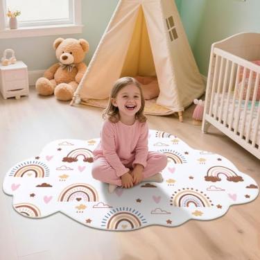 Imagem de HiiARug Tapete pequeno arco-íris para sala de jogos, tapete decorativo macio bege branco fofo, tapetes laváveis em forma de nuvem para sala de estar, quarto de meninas, banheiro, berçário, creche (9,5