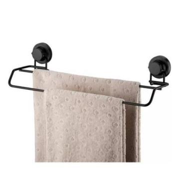Imagem de Suporte Porta Toalha Rosto Duplo 45cm Preto Fosco Fixação Ventosa - Fu