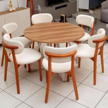 Imagem de Mesa de Jantar 1,10m Redonda Industrial com Pés em Aço e 6 Cadeiras em