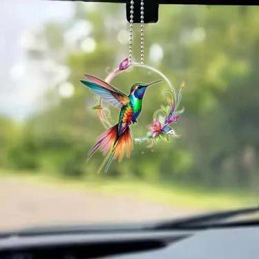 Imagem de Enfeite de acrílico para pendurar beija-flor arco-íris vibrante com laço - Design floral colorido e borla dourada | para espelho retrovisor de carro, chaveiro, lembrancinhas de festa | Ideal para o