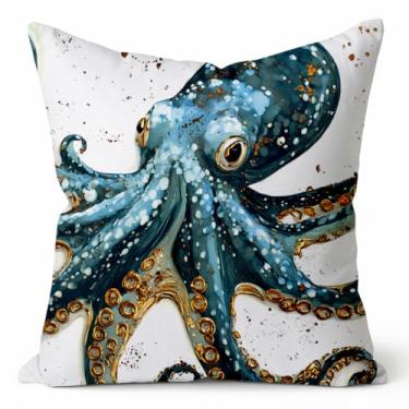Imagem de Capa de almofada com estampa de polvo náutico com tema de polvo e oceano para decoração de casa de praia, 45 x 45 cm