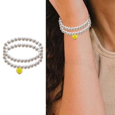 Imagem de 2 pulseiras elásticas com contas para mulheres, delicadas, feitas à mão, pérolas, empilháveis, pulseiras de coração esmaltadas para mulheres, joias exclusivas, presentes, Small, Liga de aço, Pérola