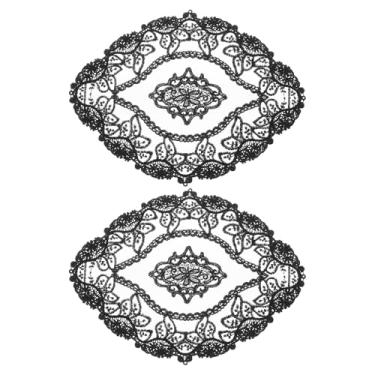 Imagem de 2 peças de jogo americano retrô de renda, doilies de crochê franceses, oval, bordado, copo vazado, tapete de mesa para mesa de jantar, cozinha, festa, 28 x 23 cm, preto