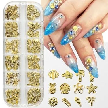 Imagem de 12 Grades Golden Ocean Sea Beach Nail Art Adesivos Verão Marinho Coco Abacaxi Forma Metal Mini Joias Unhas DIY Decoração 3D Adesivos de Unhas em Relevo