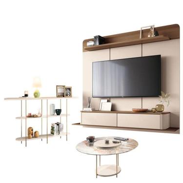 Imagem de Home Suspenso Galax Castanho Off White E Aparador Infinity E Mesa De Centro Sky Com Tampo De Vidro Off White- Hb Móveis