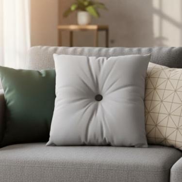 Imagem de Almofada Decorativa de Luxo para Sofá, 45x45cm, Enchimento Incluso, Diversos Tons, Botão Central, para Sala e Quarto (Cinza)