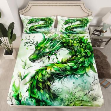 Imagem de jejeloiu Jogo de lençol solteiro com tema de fantasia de dragão verde do oeste, para meninos, meninas, adolescentes, lençol com elástico, respirável, vida selvagem e mágica, decoração de quarto