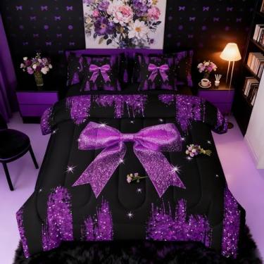 Imagem de Conjunto de edredom de 7 peças com nó de laço roxo em uma bolsa, céu estrelado com laço de princesa, conjunto de cama com laço geométrico kawaii feminino, conjunto de cama e lençol, com lantejoulas