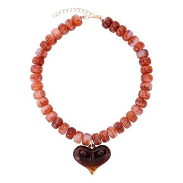 Imagem de HJGPL Colar gargantilha Boho com contas coloridas e grossas, pingente de coração, rosa, verde, amarelo, marrom, joia moderna, 16.0 Inches, Vidro Plástico, Sem Pedra Preciosa