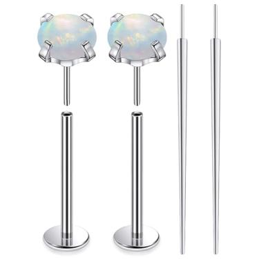 Imagem de Ruifan ASTM F136 titânio bochecha piercing barra joias sem rosca push in flat back língua anéis branco opala sólida titânio labret piercing corporal joias para mulheres homens 14G 16 mm